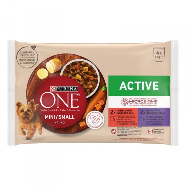 ALIMENTO ONE MINI ACTIVE PERRO BUEY-PATO P-4 X 85 GRS