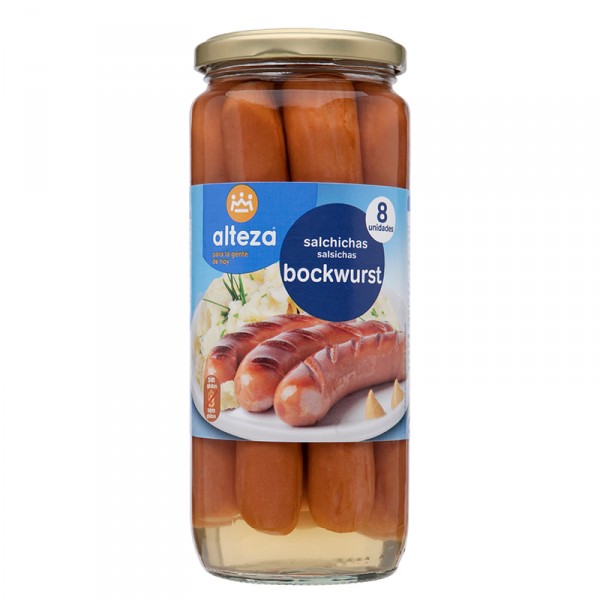 SALCHICHA ALTEZA BOCKWURST 8 PIEZAS 520 GR., 320 GR., P.E.