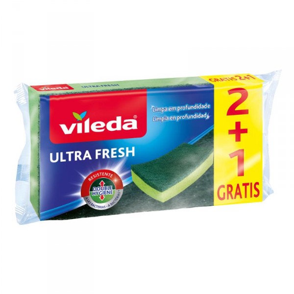 ESTROPAJO VILEDA ULTRAFRESH CON ESPONJA PACK 2+1 GRATIS.