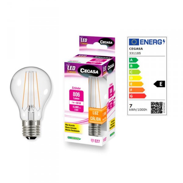 LAMPARA CEGASA LED FIL ESTANDAR 7W E27 806 LM CALIDA