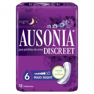 COMPRESA AUSONIA DISCREET MAXI NOCHE 12 UNIDADES