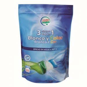 DETERGENTE PLUS MAX ROPA BLANCA Y COLOR 3 EN 1 24 CAPSULAS.